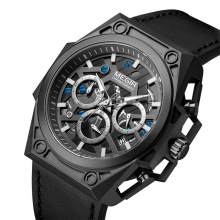 MEGIR 4220 Chronograph Wristwatch Men Quartz Watch Sports Military Watches Skeleton Leather Strap Relogio Masculino